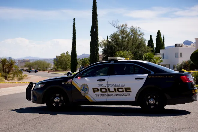 An El Paso police vehicle blocks a road near Tom Lea Park during the investigation of a shooting in West El Paso on Saturday, Sept. 12, 2026.