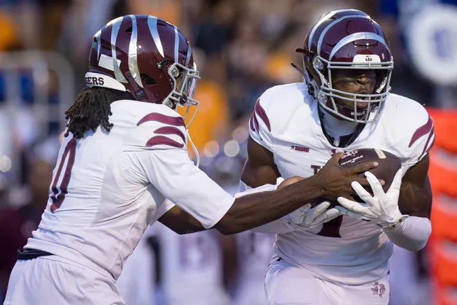 Texas Southern’s Cam’Ron McCoy hands the ball off to Roriyon Richardson during a football game against UTEP on Saturday, Sept. 12, 2026, at Sun Bowl Stadium in El Paso, Texas.