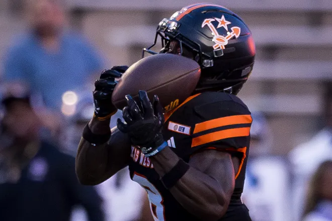 UTEP’s Kam Thomas catches a pass for a touchdown during the football home opener against Texas Southern on Saturday, Sept. 12, 2026, at Sun Bowl Stadium in El Paso, Texas.