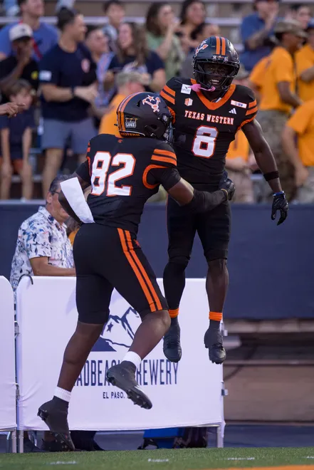UTEP’s Kam Thomas celebrates his touchdown during the football home opener against Texas Southern on Saturday, Sept. 12, 2026, at Sun Bowl Stadium in El Paso, Texas.