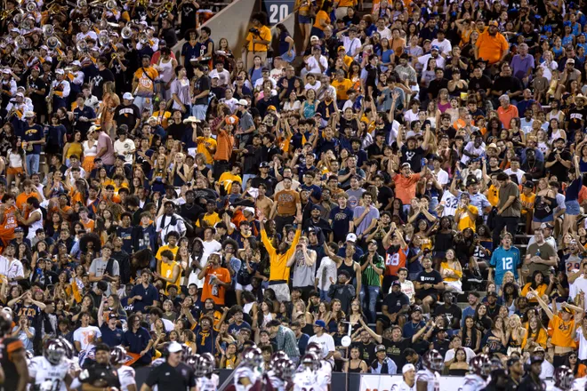 The UTEP student section cheers during the football home opener against Texas Southern on Saturday, Sept. 12, 2026, at Sun Bowl Stadium in El Paso, Texas.