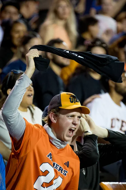 A UTEP fan cheers yells the football home opener against Texas Southern on Saturday, Sept. 12, 2026, at Sun Bowl Stadium in El Paso, Texas.