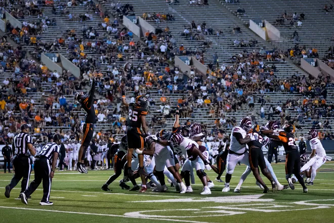 UTEP players attempt to block a Texas Southern kick during the football home opener Saturday, Sept. 12, 2026, at Sun Bowl Stadium in El Paso, Texas.