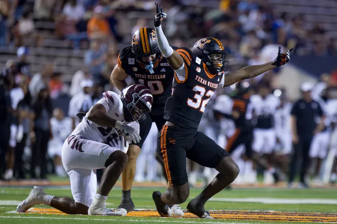UTEP’s Adarius Hutchinson celebrates during the football home opener against Texas Southern on Saturday, Sept. 12, 2026, at Sun Bowl Stadium in El Paso, Texas.