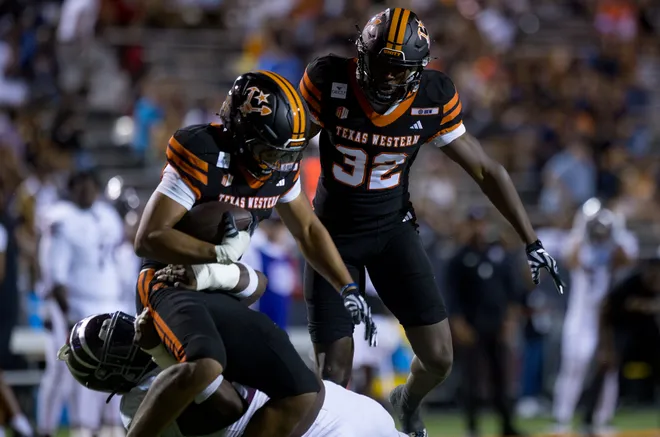 UTEP’s Shay Smith recovers a Texas Southern fumble during the football home opener Saturday, Sept. 12, 2026, at Sun Bowl Stadium in El Paso, Texas.
