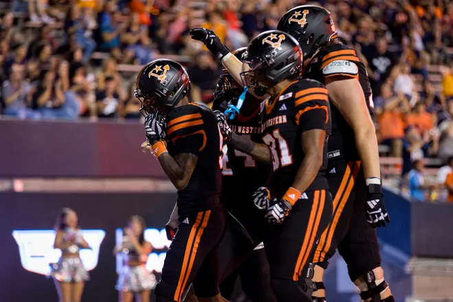 UTEP’s Carver Cheeks celebrates his touchdown with teammates during the football home opener against Texas Southern on Saturday, Sept. 12, 2026, at Sun Bowl Stadium in El Paso, Texas.