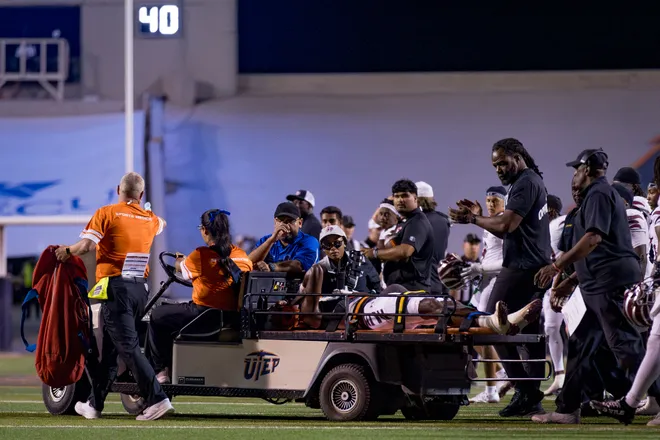 Texas Southern’s Jaquavus Hallman is taken off the field on a medical cart during a football game against UTEP on Saturday, Sept. 12, 2026, at Sun Bowl Stadium in El Paso, Texas.