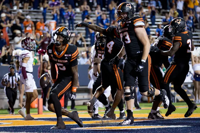 UTEP’s Carver Cheeks celebrates after scoring a touchdown during the football home opener against Texas Southern on Saturday, Sept. 12, 2026, at Sun Bowl Stadium in El Paso, Texas.
