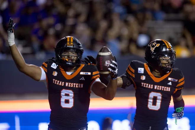 UTEP’s Shay Smith celebrates after recovering a Texas Southern fumble during the football home opener Saturday, Sept. 12, 2026, at Sun Bowl Stadium in El Paso, Texas.