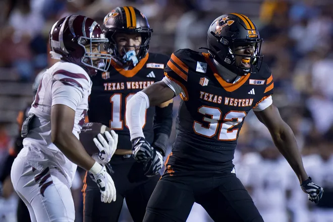 UTEP’s Adarius Hutchinson celebrates during the football home opener against Texas Southern on Saturday, Sept. 12, 2026, at Sun Bowl Stadium in El Paso, Texas.