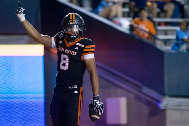 UTEP’s Shay Smith celebrates after recovering a Texas Southern fumble during the football home opener Saturday, Sept. 12, 2026, at Sun Bowl Stadium in El Paso, Texas.