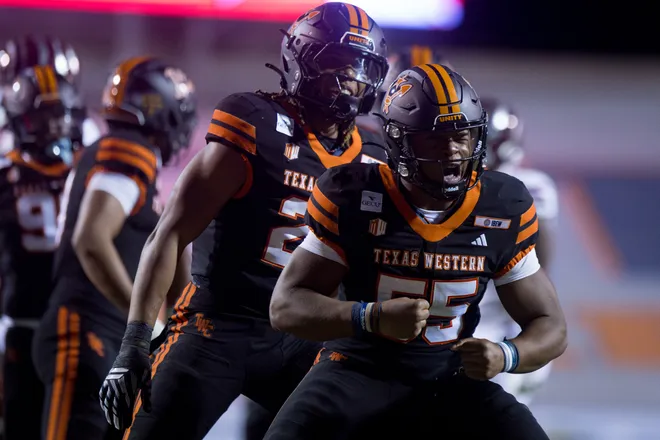 UTEP’s Leander Parrish celebrates during the football home opener against Texas Southern on Saturday, Sept. 12, 2026, at Sun Bowl Stadium in El Paso, Texas.