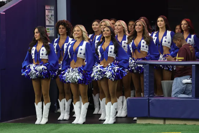Sep 20, 2026; Arlington, Texas, USA; Dallas Cowboys Cheerleaders prepare to walk onto the field before a game against the Washington Commanders at AT & T Stadium. Mandatory Credit: Kevin Jairaj-Imagn Images