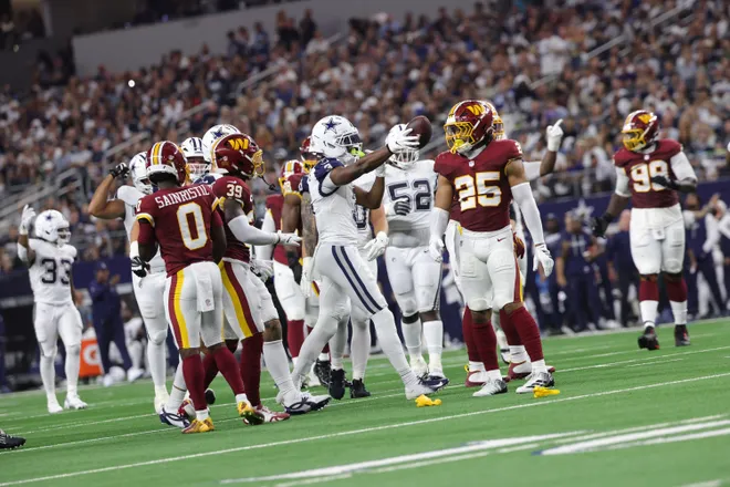 Sep 20, 2026; Arlington, Texas, USA; Dallas Cowboys wide receiver George Pickens (3) reacts after catching a pass against the Washington Commanders during the first half at AT & T Stadium. Mandatory Credit: Kevin Jairaj-Imagn Images