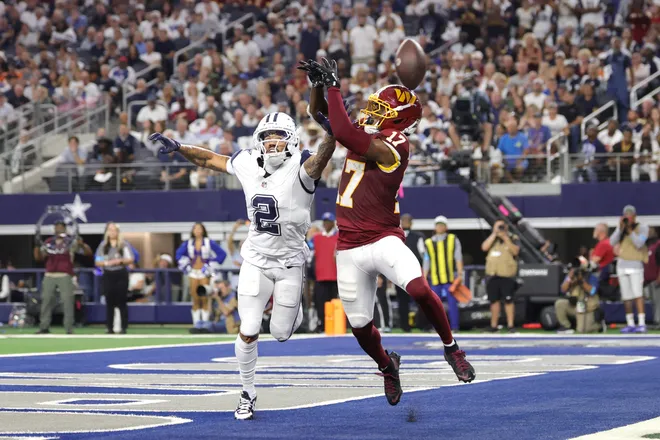 Sep 20, 2026; Arlington, Texas, USA; Dallas Cowboys cornerback Cobie Durant (2) breaks up a pass intended for Washington Commanders wide receiver Terry McLaurin (17) in the end zone during the second half at AT & T Stadium. Mandatory Credit: Kevin Jairaj-Imagn Images