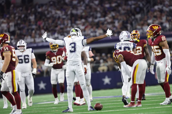 Sep 20, 2026; Arlington, Texas, USA; Dallas Cowboys wide receiver George Pickens (3) reacts against the Washington Commanders during the second half at AT & T Stadium. Mandatory Credit: Kevin Jairaj-Imagn Images