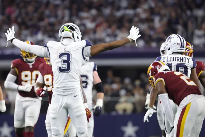 Sep 20, 2026; Arlington, Texas, USA; Dallas Cowboys wide receiver George Pickens (3) reacts against the Washington Commanders during the second half at AT & T Stadium. Mandatory Credit: Kevin Jairaj-Imagn Images