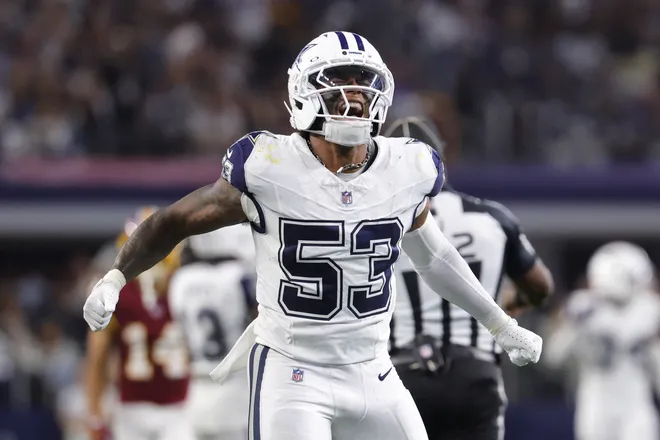 Sep 20, 2026; Arlington, Texas, USA; Dallas Cowboys linebacker Dee Winters (53) reacts after a defensive play against the Washington Commanders during the second half at AT & T Stadium. Mandatory Credit: Kevin Jairaj-Imagn Images