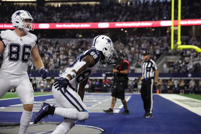 Sep 20, 2026; Arlington, Texas, USA; Dallas Cowboys wide receiver CeeDee Lamb (88) reacts with tight end Luke Schoonmaker (86) after catching a twenty-four yard touchdown pass thrown by quarterback Dak Prescott (not pictured) against the Washington Commanders during the fourth quarter at AT & T Stadium. Mandatory Credit: Kevin Jairaj-Imagn Images