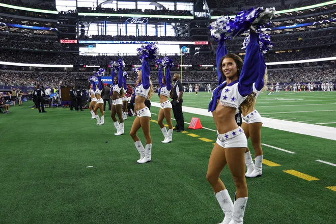 Sep 20, 2026; Arlington, Texas, USA; Dallas Cowboys Cheerleaders stand on the sideline during the second half of a game against the Washington Commanders at AT & T Stadium. Mandatory Credit: Kevin Jairaj-Imagn Images