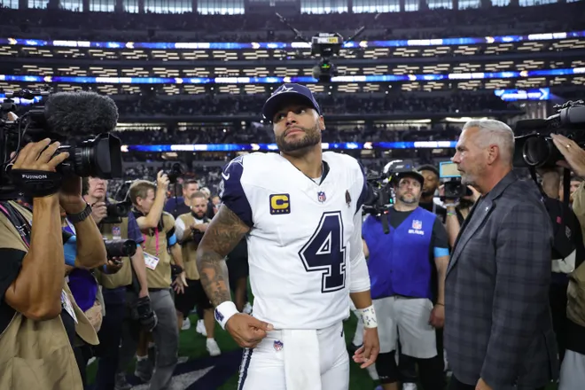 Sep 20, 2026; Arlington, Texas, USA; Dallas Cowboys quarterback Dak Prescott (4) walks on the field after a game against the Washington Commanders at AT & T Stadium. Mandatory Credit: Kevin Jairaj-Imagn Images