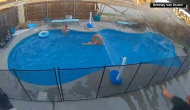 Video shows car crash through fence, narrowly missing children in pool