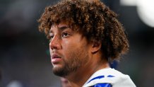 Dallas Cowboys offensive tackle Terence Steele looks on during a preseason NFL football game against the Seattle Seahawks, Saturday, Aug. 19, 2023, in Seattle. Steele agreed Sunday, Sept. 3, 2023, on an .8 million, five-year extension, a huge payday for an undrafted player coming off an ACL injury.