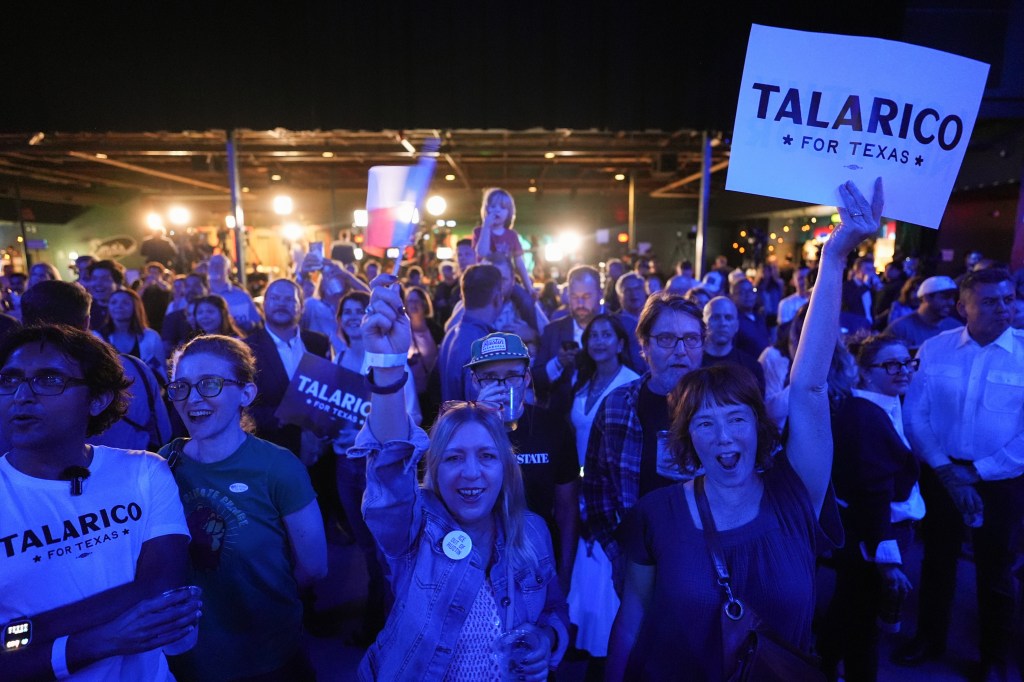 Supporters of Texas state Rep. James Talarico, D-Austin, a Democratic candidate for the U.S. Senate, react as results come in during a primary election watch party Tuesday, March 3, 2026, in Austin, Texas.