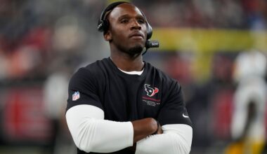 Houston Texans head coach DeMeco Ryans watches from the sidelines during the second half of an NFL preseason football game against the Los Angeles Chargers, Thursday, Aug. 13, 2026, in Houston. (AP Photo/Ashley Landis)
