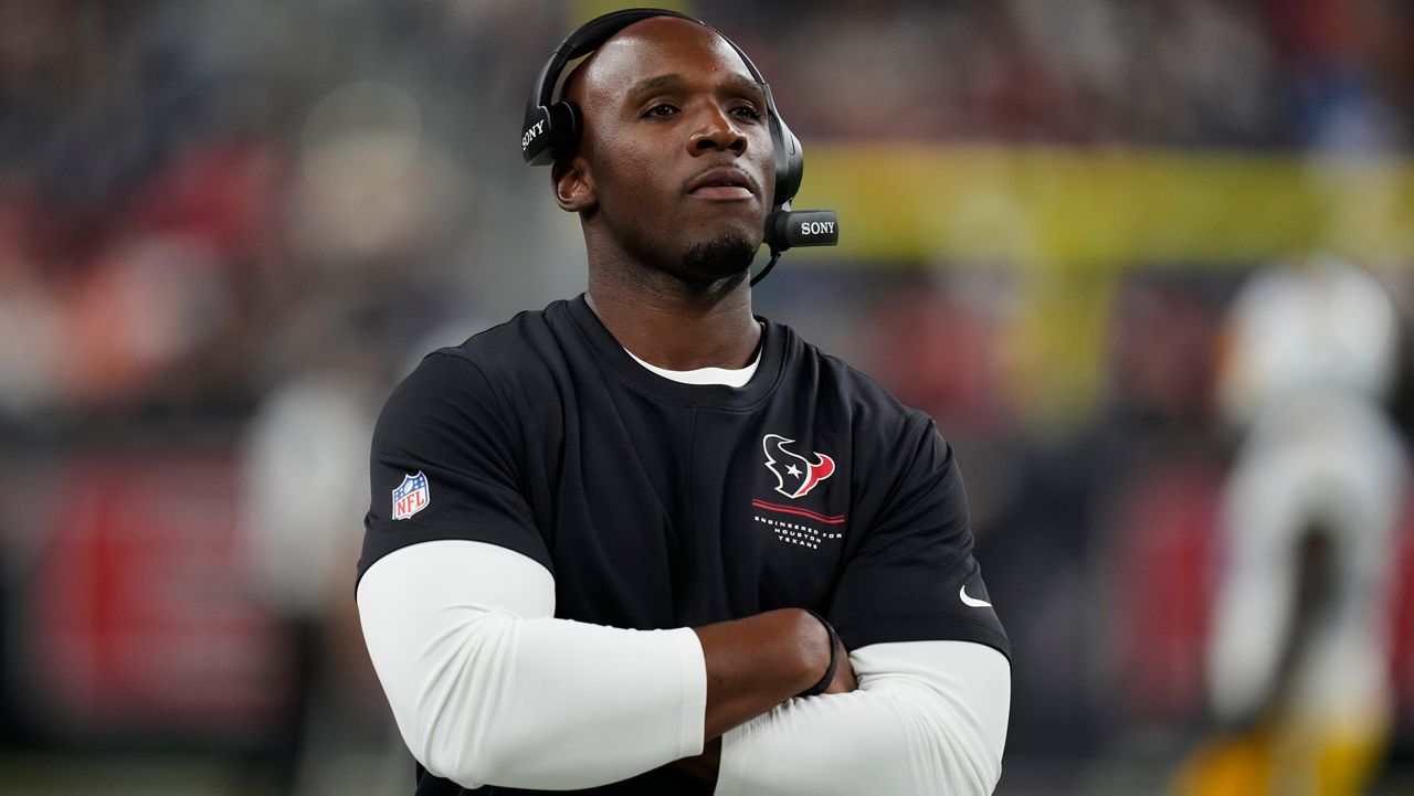 Houston Texans head coach DeMeco Ryans watches from the sidelines during the second half of an NFL preseason football game against the Los Angeles Chargers, Thursday, Aug. 13, 2026, in Houston. (AP Photo/Ashley Landis)