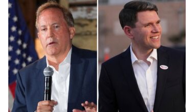At left, Texas Attorney General Ken Paxton speaks in McKinney, Texas, May 19, 2026, and at right, Texas state Rep. James Talarico, after voting, in Austin, Texas, Feb. 17, 2026. (AP Photo/LM Otero and Eric Gay)