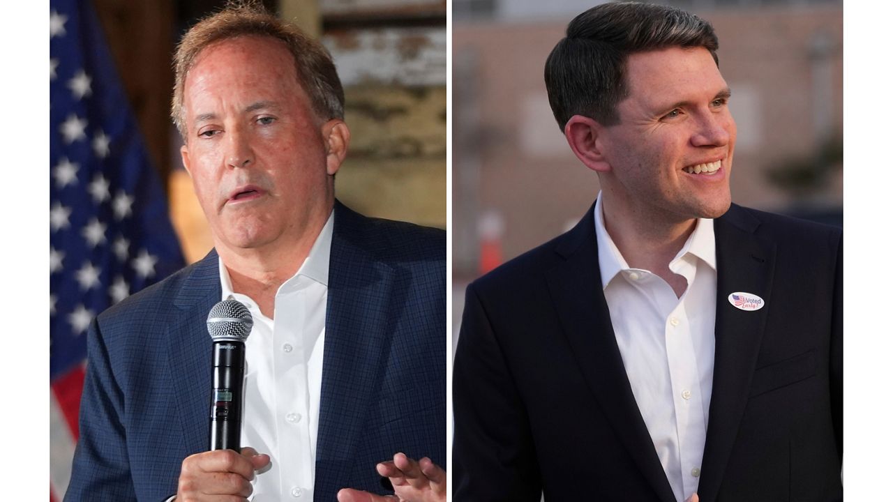 At left, Texas Attorney General Ken Paxton speaks in McKinney, Texas, May 19, 2026, and at right, Texas state Rep. James Talarico, after voting, in Austin, Texas, Feb. 17, 2026. (AP Photo/LM Otero and Eric Gay)