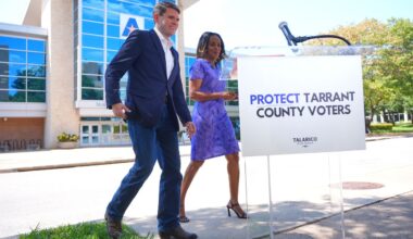 Democratic Senate candidate James Talarico, left, and Tarrant County Commissioner Alisa Simmons arrive for a news conference at UTA, Sunday, Aug. 30, 2026, in Arlington, Texas. (AP Photo/LM Otero)