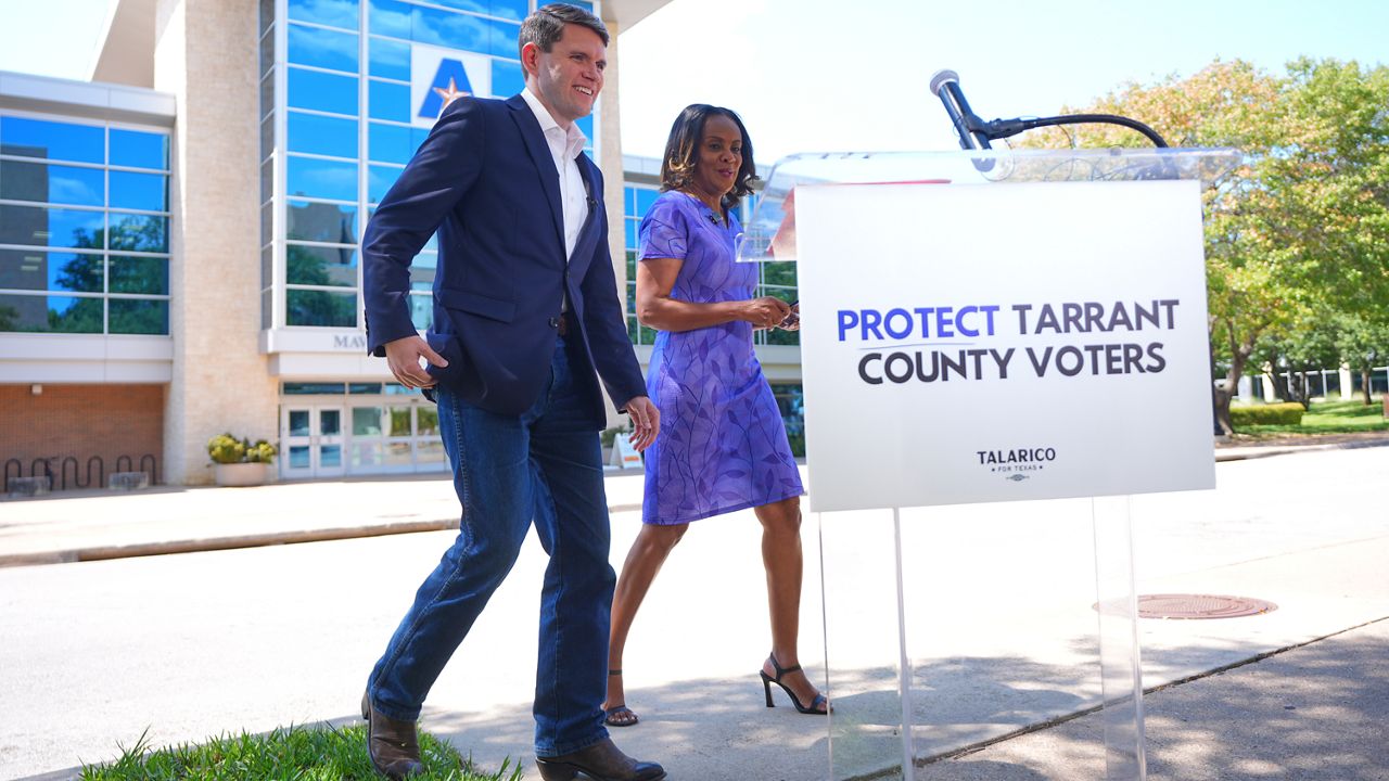 Democratic Senate candidate James Talarico, left, and Tarrant County Commissioner Alisa Simmons arrive for a news conference at UTA, Sunday, Aug. 30, 2026, in Arlington, Texas. (AP Photo/LM Otero)