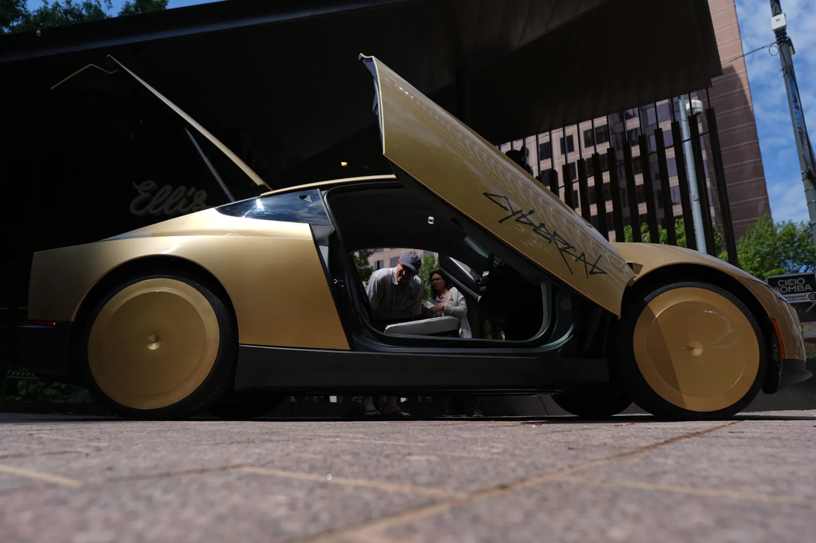 A Tesla Cybercab is displayed in downtown Austin, Texas, on September 3, 2026.