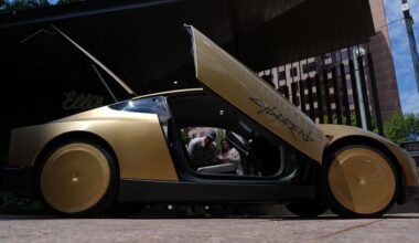 A Tesla Cybercab is displayed in downtown Austin, Texas, Thursday, Sept. 3, 2026. (AP Photo/Eric Gay)