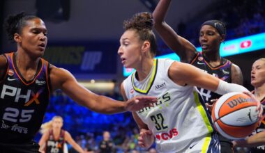 Dallas Wings forward Jessica Shepard (32) drives against Phoenix Mercury defenders Alyssa Thomas (25) and Natasha Mack (4) during the first half of a WNBA basketball game in Arlington, Texas, Saturday, Sept. 19, 2026. (AP Photo/LM Otero)