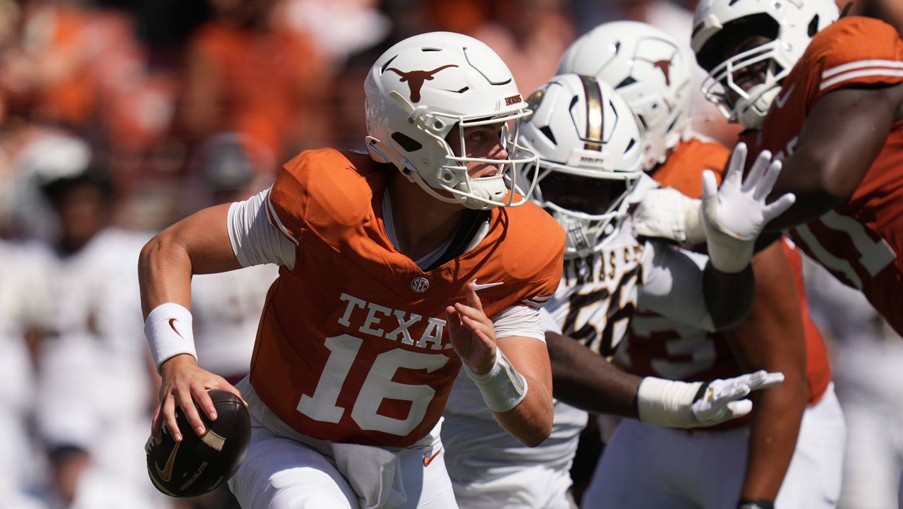 Texas quarterback Arch Manning (16) scrambles against Texas State during the first half of an NCAA college football game in Austin, Texas, Saturday, Sept. 5, 2026. (AP Photo/Eric Gay)