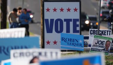 Election signs crowd an intersection near a polling place, in Austin, Texas, Tuesday, Feb. 17, 2026. (AP Photo/Eric Gay)