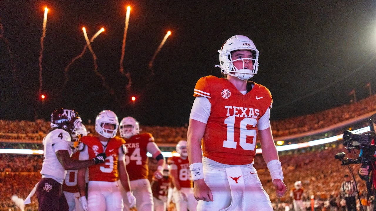 Texas quarterback Arch Manning (16) celebrated a touchdown against Texas A&M during the second half of an NCAA college football game Friday, Nov. 28, 2025, in Austin, Texas.