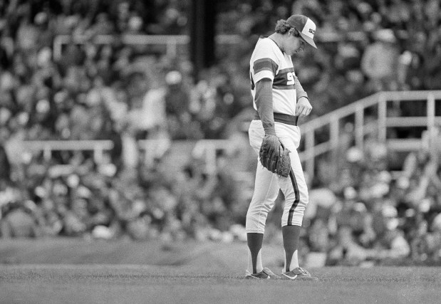 Chicago White Sox pitcher Britt Burns reacts to the solo home run hit by Tito Landrum of the Baltimore Orioles, not shown, in the 10th inning of Game 3 of the American League Championship Series, on Oct. 8, 1983, at Comiskey Park in Chicago. (Rob Kozloff/AP)