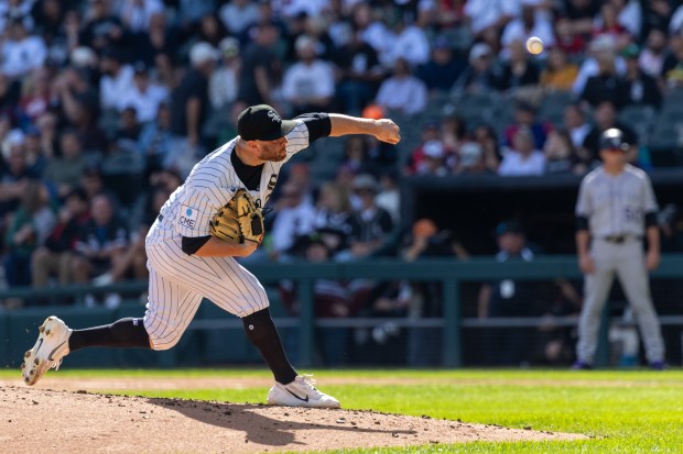 Chicago White Sox pitcher Anthony Kay (18) delivers during the second inning of a game against the Colorado Rockies at Rate Field on Sunday, Sept. 27, 2026. (Arthur Maiorella/Chicago Tribune)