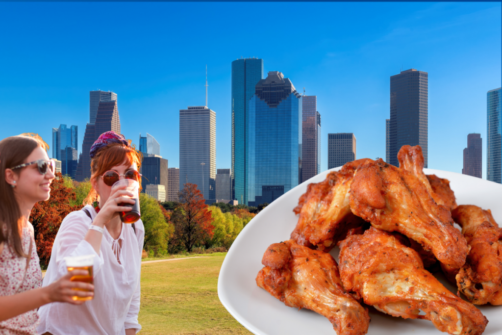 Image shows Buffalo Bayou Park with superimposed images of people drinking beer and a plate of chicken wings.