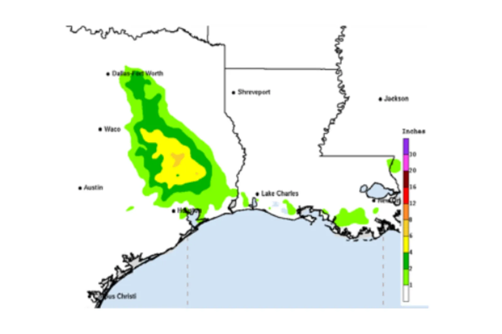 NHC map showing rainfall levels expected to hit eastern parts of Texas through Wednesday, September 2, into Thursday, September 3.