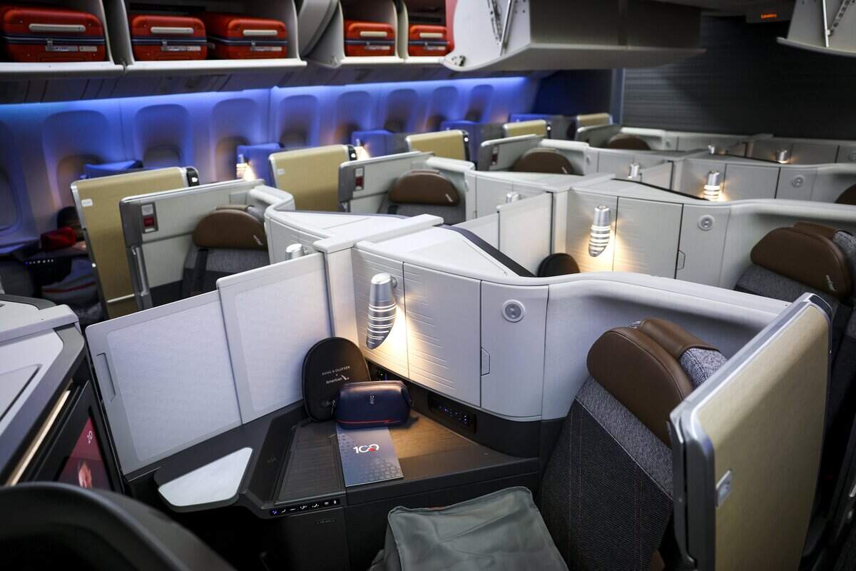 American Airlines unveils its first retrofitted Boeing 777-300ER aircraft, featuring the most premium seats on an aircraft operated by any U.S. carrier on Wednesday, Sept. 2, 2026 at Dallas Fort Worth Airport. The plane features 70 flagship suite seats, 44 premium economy seats and 30 main cabin seats.