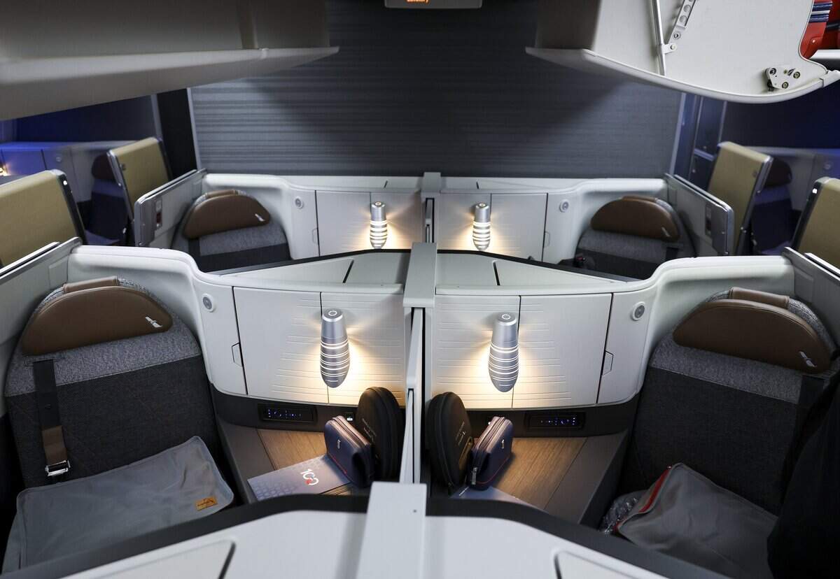 American Airlines unveils its first retrofitted Boeing 777-300ER aircraft, featuring the most premium seats on an aircraft operated by any U.S. carrier on Wednesday, Sept. 2, 2026 at Dallas Fort Worth Airport. The plane features 70 flagship suite seats, 44 premium economy seats and 30 main cabin seats.