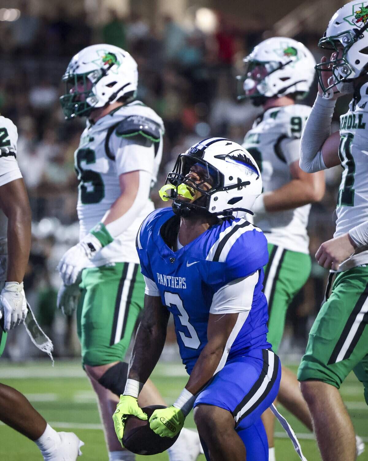 North Crowley running back G’yrell Smith (3) celebrates a touchdown during the second half of the game against Southlake Carroll on Friday, Sept. 4, 2026 at Crowley ISD Stadium in Fort Worth.