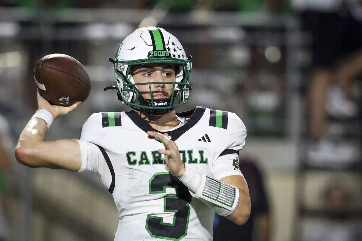 Southlake Carroll quarterback Hudson Tomcheck (3) throws a pass during the second half of the game against North Crowley on Friday, Sept. 4, 2026 at Crowley ISD Stadium in Fort Worth.