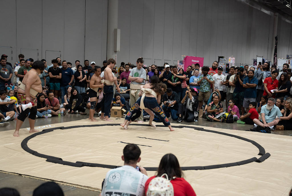 Image shows sumo wrestlers performing at Tokyo X festival in Houston