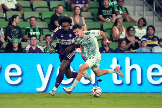 Paxten Aaronson #10 of the Colorado Rapids and Jon Bell #15 of Austin FC battle for the ball during the second half at Q2 Stadium on September 9, 2026 in Austin, Texas. (Photo by Scott Wachter/Getty Images)